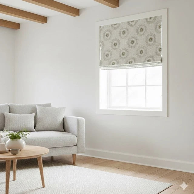 Living room with a gray sofa, wooden coffee table, and retro stitch sunburst patterned roman blind.