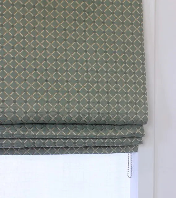 Green Beige Geometric Trellis Jacquard Fabric Flat Roman Shade, CL1187