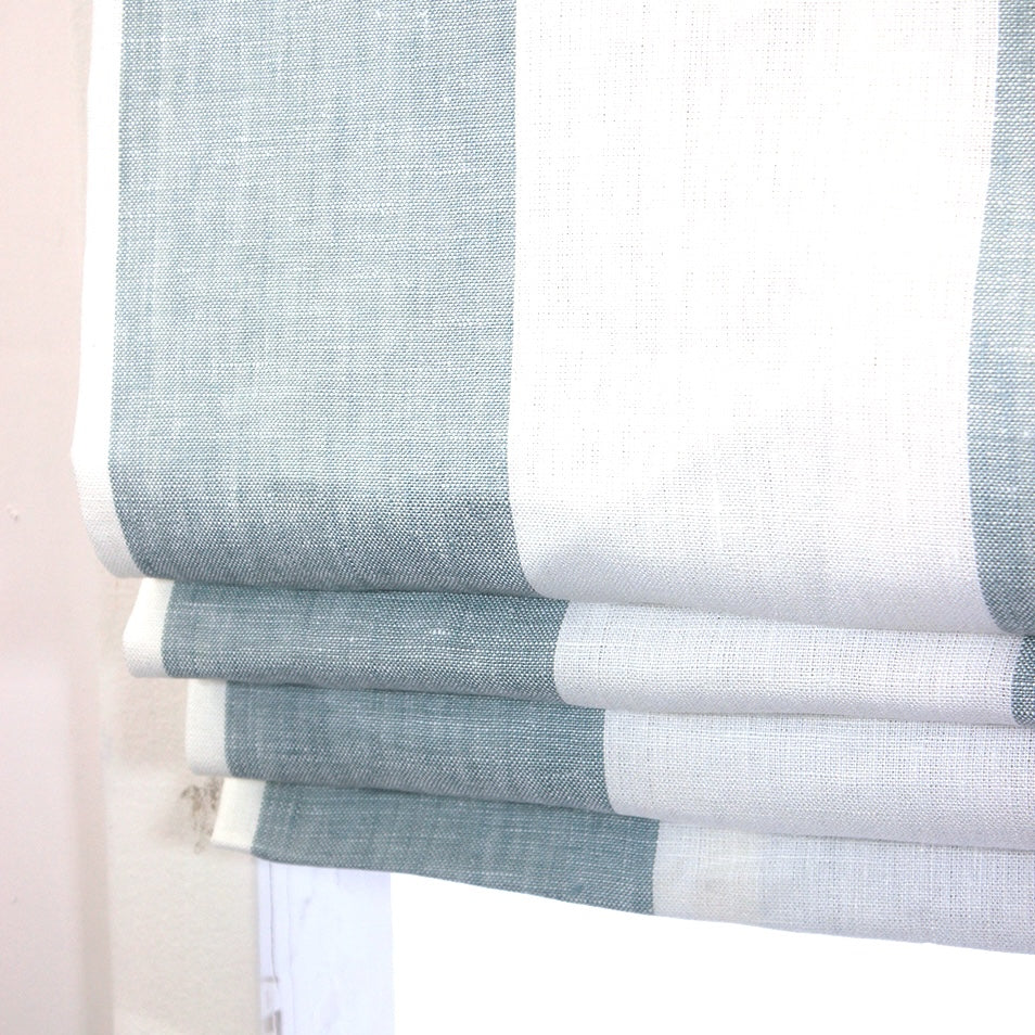 Ciel and White Striped 100% Linen Wide Stripe Flat Roman Shade/CL1026 - Classic & Modern Home