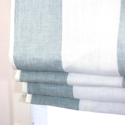 Ciel and White Striped 100% Linen Wide Stripe Flat Roman Shade/CL1026 - Classic & Modern Home