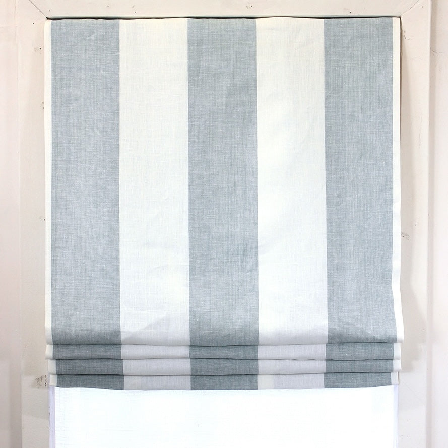 Ciel and White Striped 100% Linen Wide Stripe Flat Roman Shade/CL1026 - Classic & Modern Home
