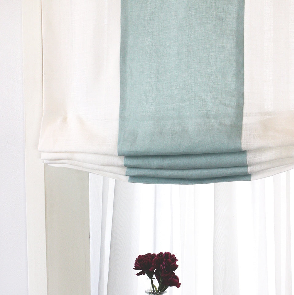 White & Mint Two-Tone Natural Linen Relaxed Roman Shade/CL1010 - Classic & Modern Home