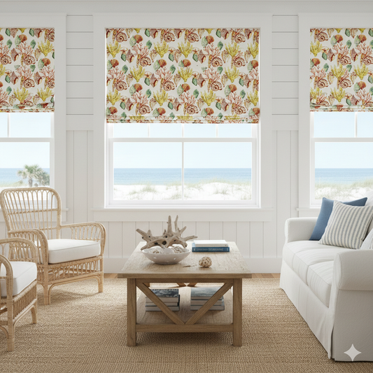 beach house sea life theme flat roman shade dining room.