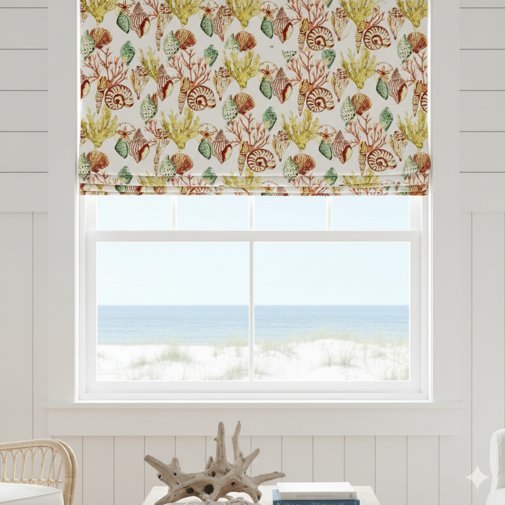 Window with sea life patterned roman blind and view of ocean.
