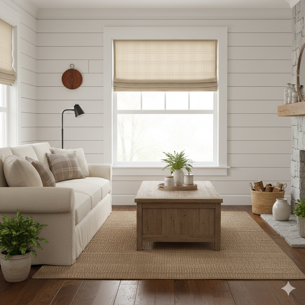 seamed linen flat roman shade in the farmhouse style living room.