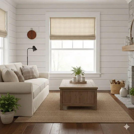 Cozy living room with oatmeal color linen flat roman shade, a beige sofa, wooden coffee table, and plants.