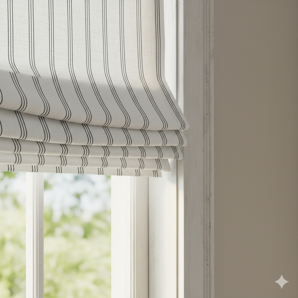 Striped roman blind on a window with a blurred outdoor background