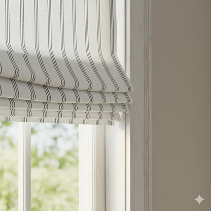 Striped roman blind on a window with a blurred outdoor background