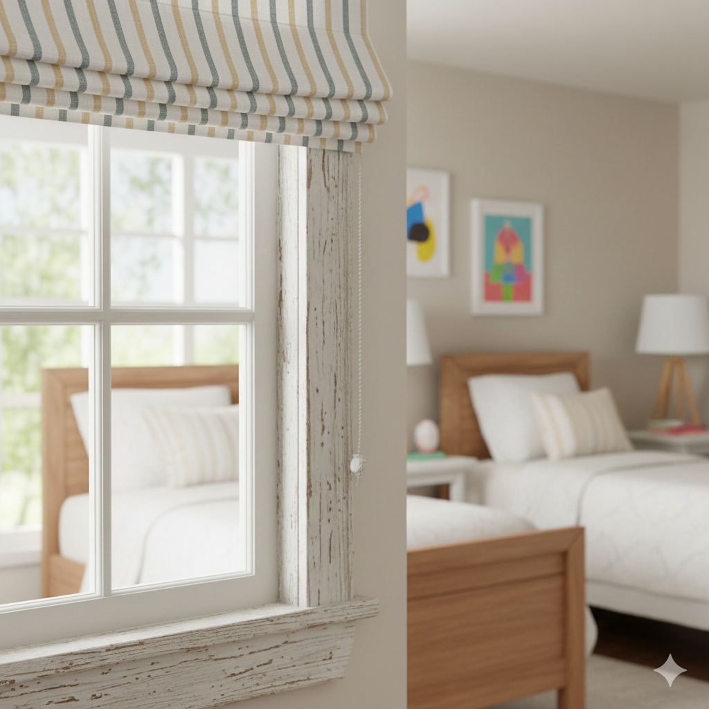 Bedroom with wooden bed, striped linen roman shade, and abstract art on the wall.