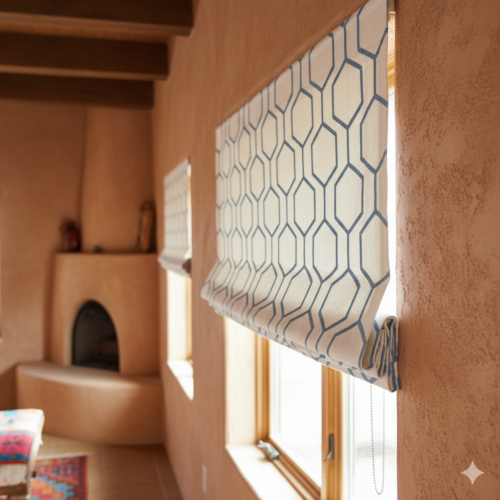 Patterned roman shade in a room with a fireplace and wooden floor.
