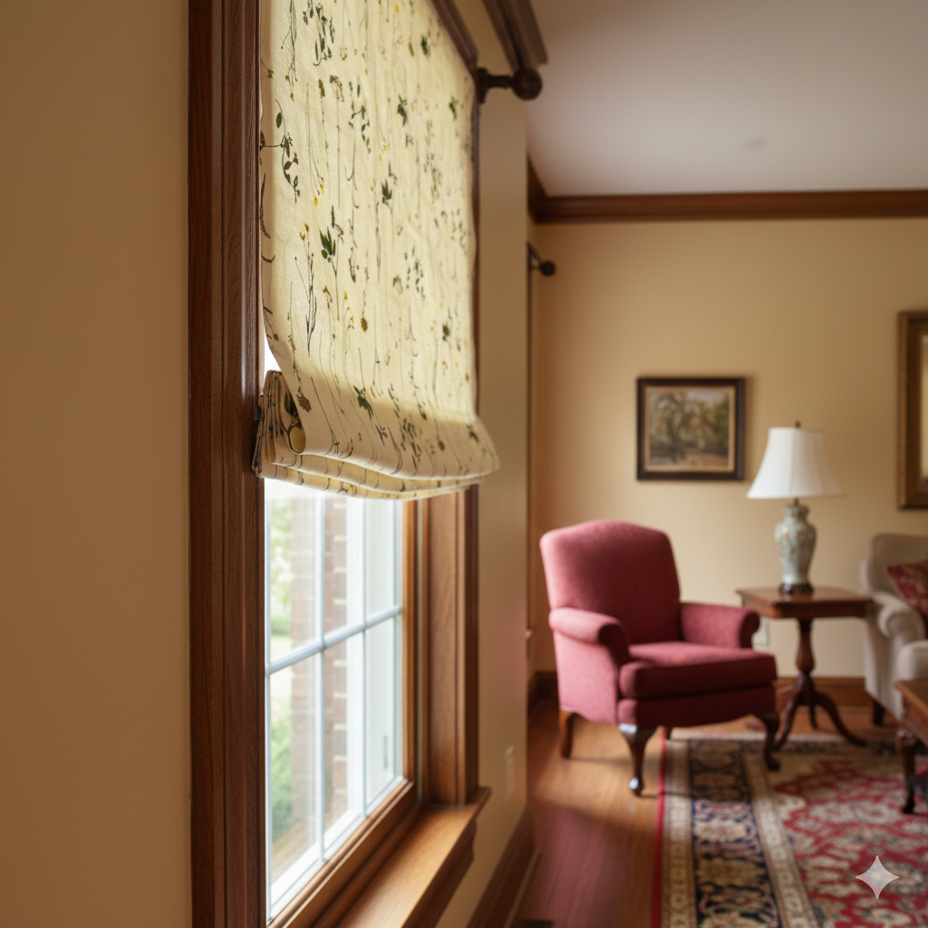 Living room with a floral linen relaxed roman shade, pink armchair, and lamp.