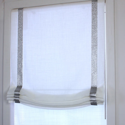 White Linen Roman Shade with Silver Glitter Trim, Blackout Option/CL1010 - Classic & Modern Home