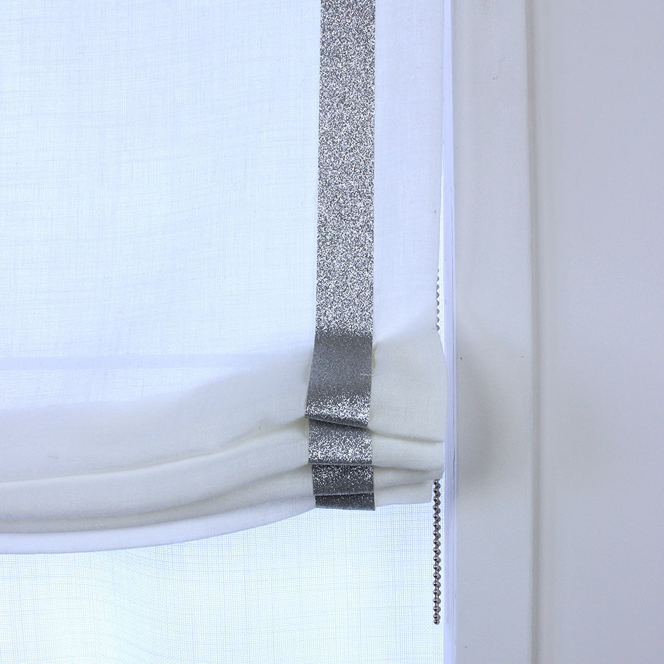 White Linen Roman Shade with Silver Glitter Trim, Blackout Option/CL1010 - Classic & Modern Home