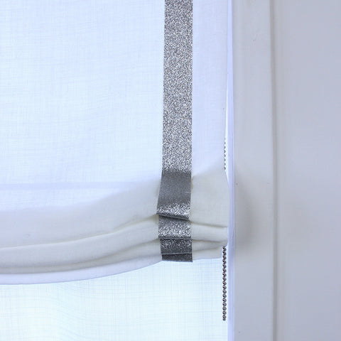 White Linen Roman Shade with Silver Glitter Trim, Blackout Option/CL1010