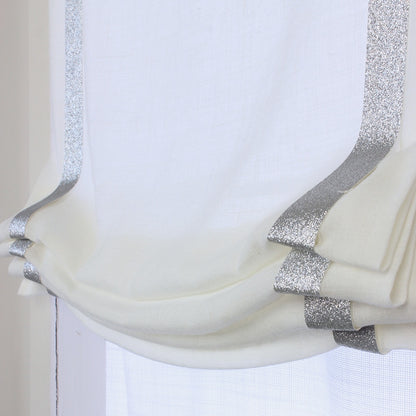 White Linen Roman Shade with Silver Glitter Trim, Blackout Option/CL1010 - Classic & Modern Home