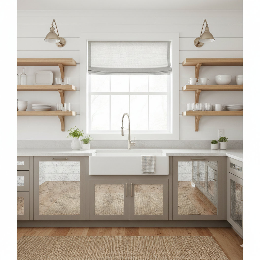 soft sheer linen flat roman shade Modern kitchen with wooden shelves, window above sink, and glass-front cabinets.