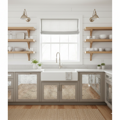 soft sheer linen flat roman shade Modern kitchen with wooden shelves, window above sink, and glass-front cabinets.