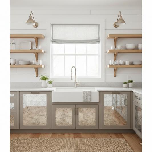 soft sheer linen flat roman shade Modern kitchen with wooden shelves, window above sink, and glass-front cabinets.