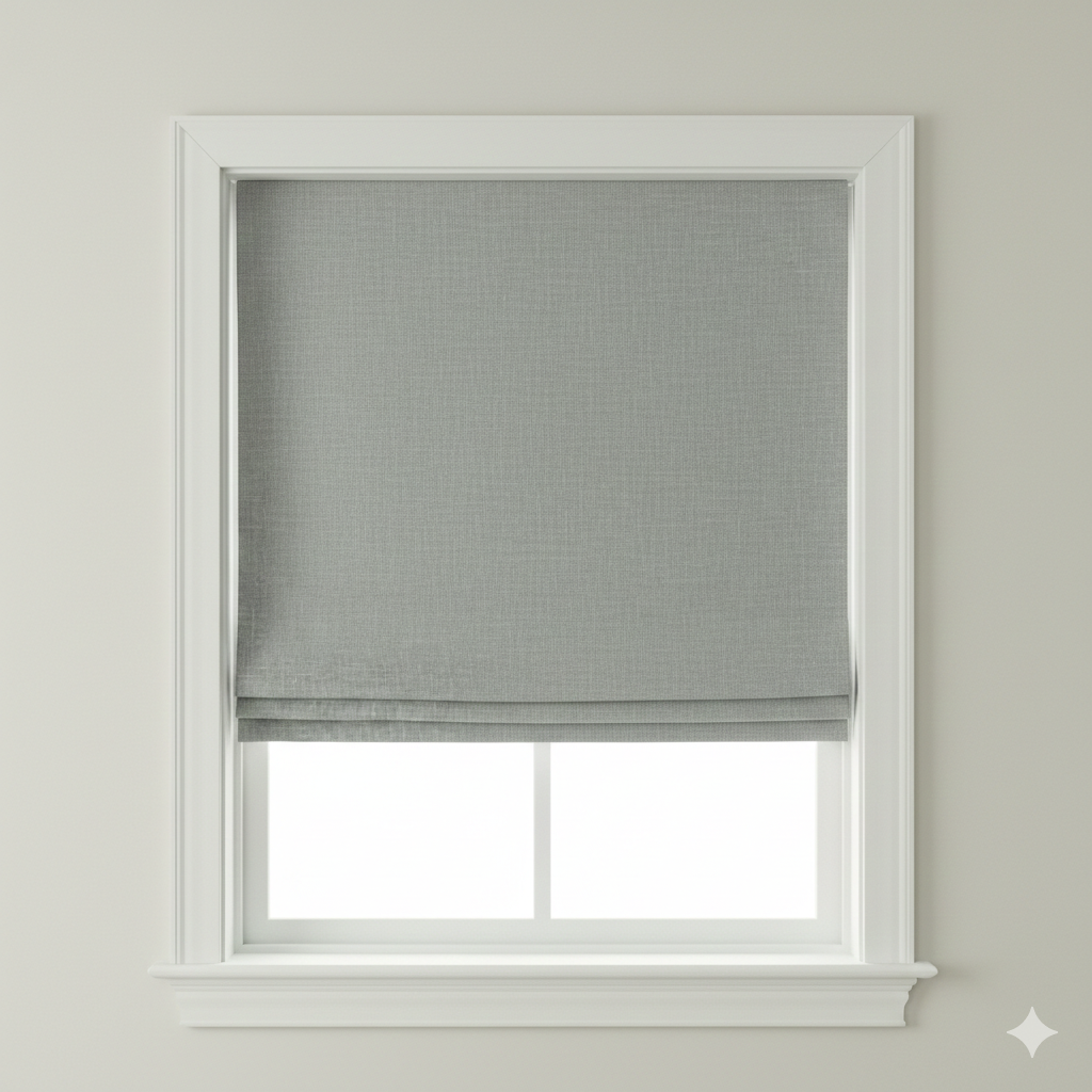soft sheer linen flat roman shade with a blackout lining on a window with a white frame against a light gray wall