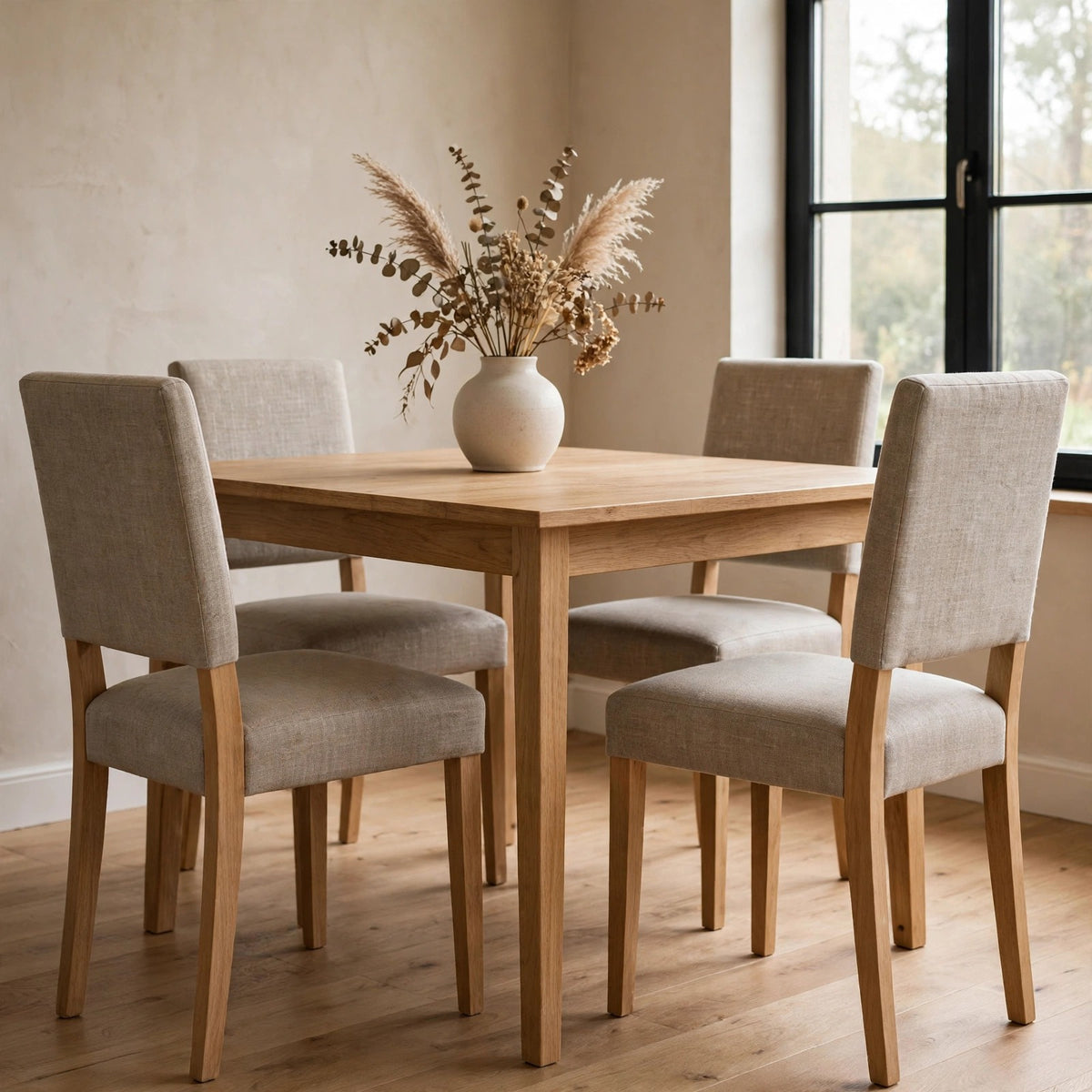 Natural Belgian linen upholstered dining chairs around a wooden table