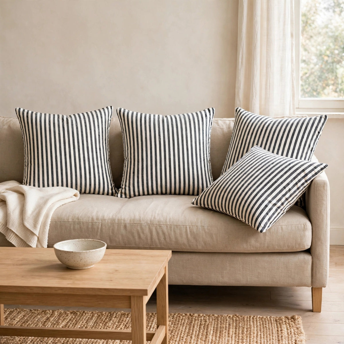 Black and white striped linen cushion covers on a beige sofa