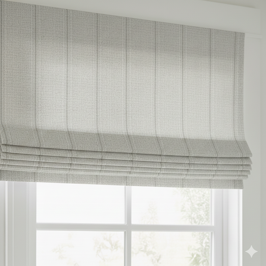 Roman blind with a plaid pattern in front of a window