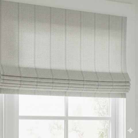 Roman blind with a plaid pattern in front of a window