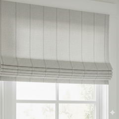 Roman blind with a plaid pattern in front of a window