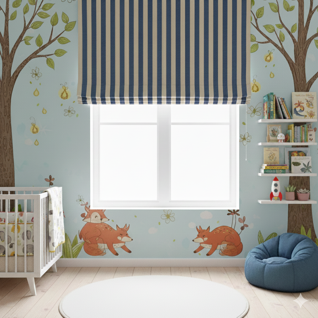 striped roman shade in Children's room with fox wall decals, crib, and bookshelf.