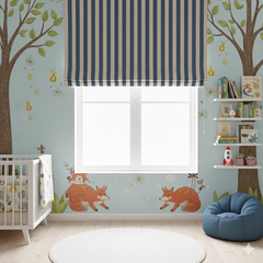 striped roman shade in Children's room with fox wall decals, crib, and bookshelf.