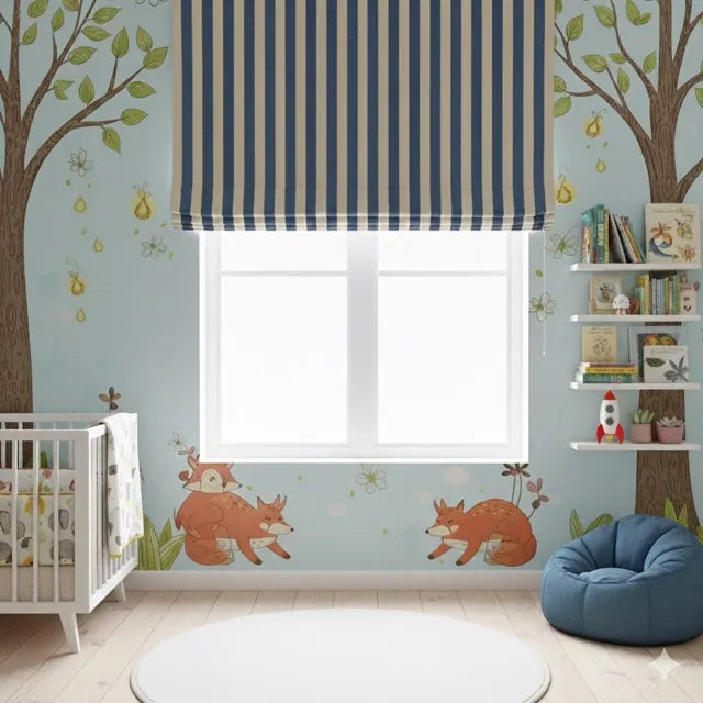 Nursery room with fox wall decals, striped window shade, and children's books.