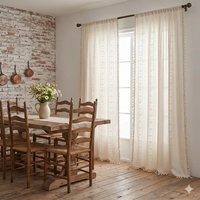Boho Chic Geometric Crochet Lace Cotton-Blend Curtain Panel with Tassel Fringe, CD1013