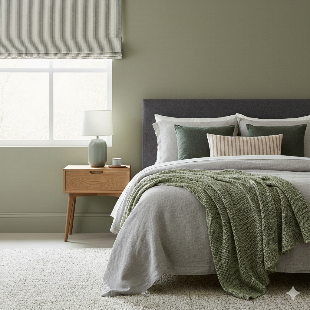 ticking striped cotton flat roman shade with Neatly made bed with green blanket.