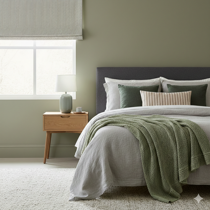 ticking striped cotton flat roman shade with Neatly made bed with green blanket.
