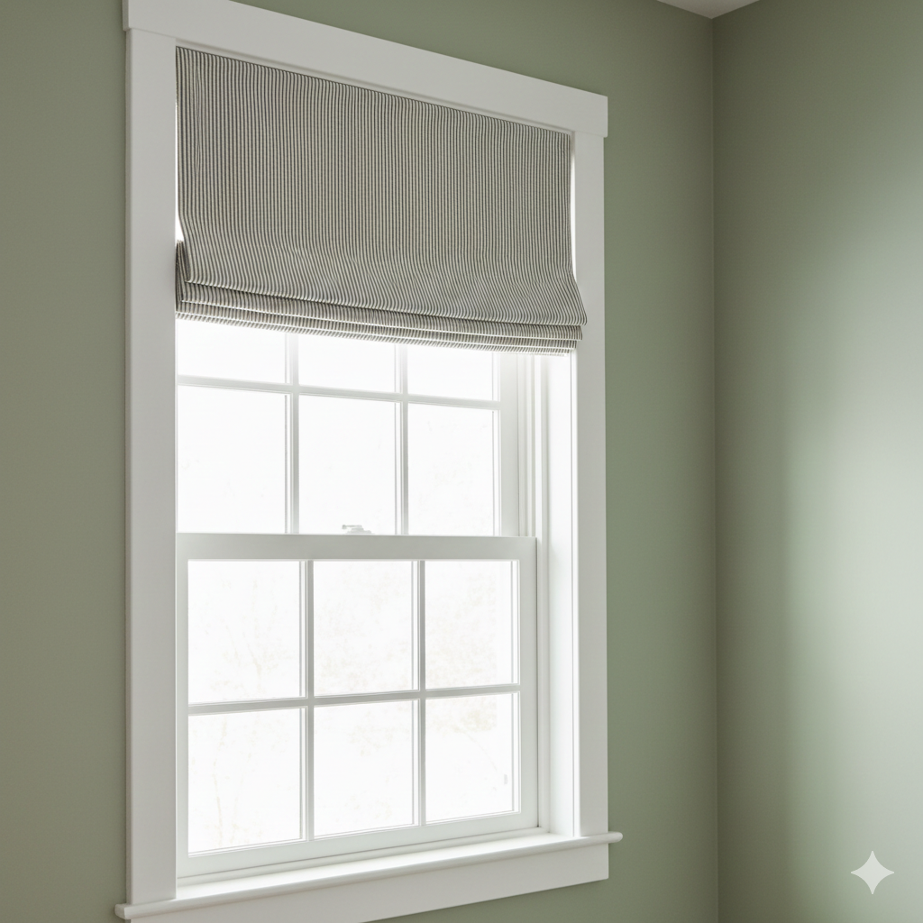 Window with white frame and gray roman shade against a light green wall