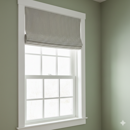 Window with white frame and gray roman shade against a light green wall