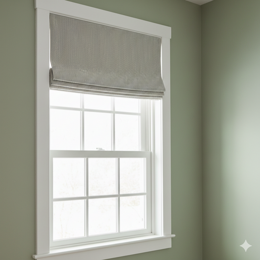 Window with white frame and gray roman shade against a light green wall
