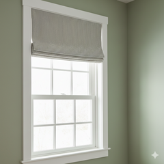 Window with white frame and gray roman shade against a light green wall
