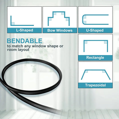 Black flexible curtain track bent to match L-shaped, bow, U-shaped, rectangle and trapezoid window layouts