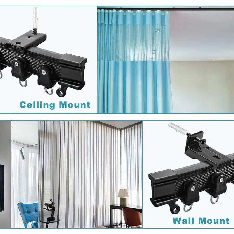 Ceiling mount and wall mount options for the black flexible curtain track