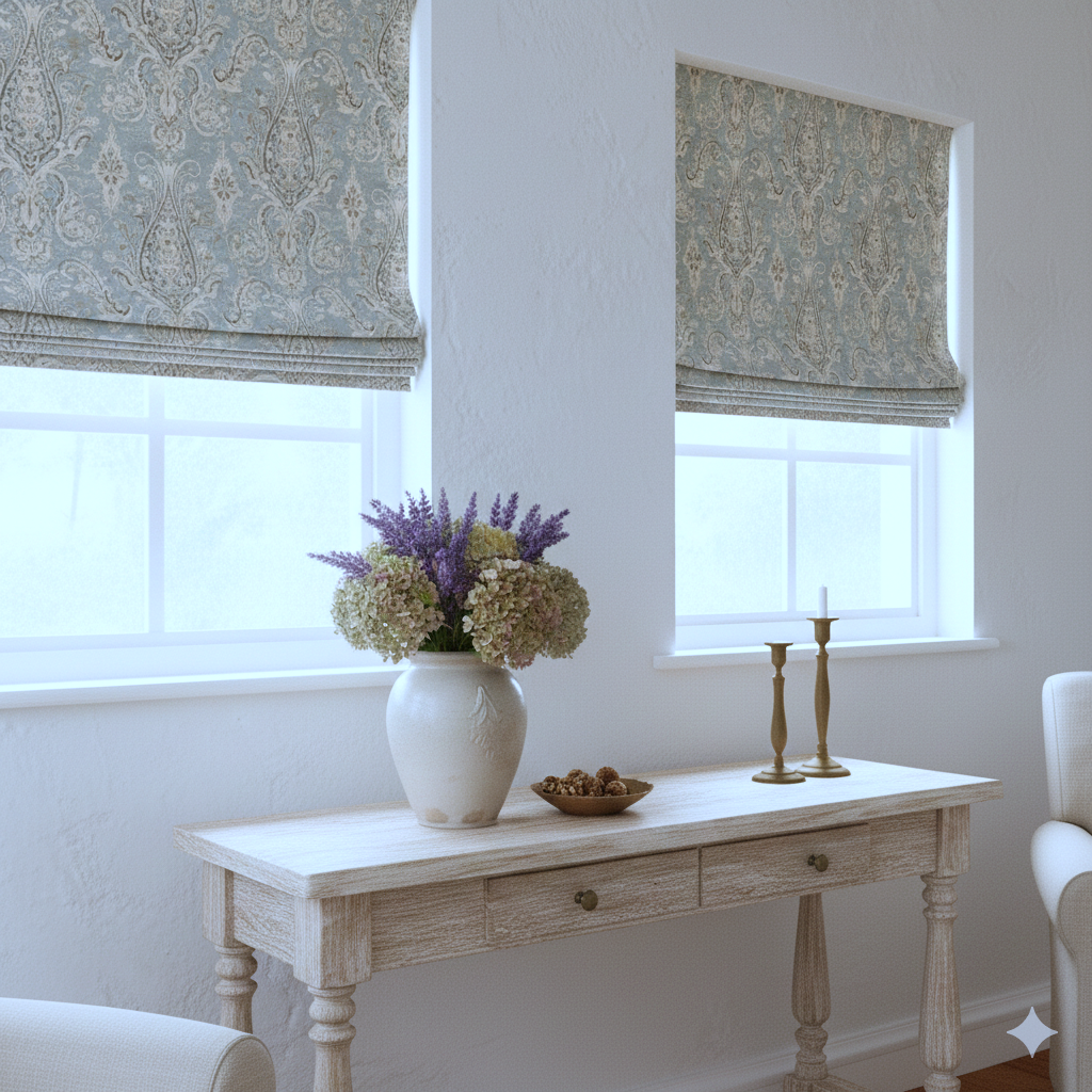 vintage damask flat roman shade in the living.