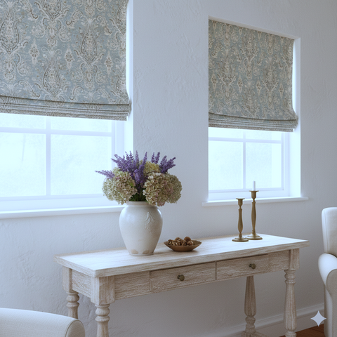 vintage damask flat roman shade in the living.