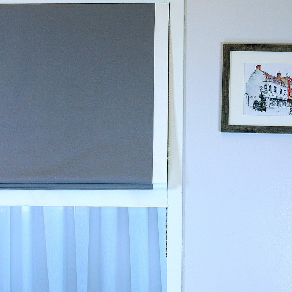 Gray 100% Natural Linen Flat Roman Shades with Banded White Trim/CL1010 - Classic & Modern Home