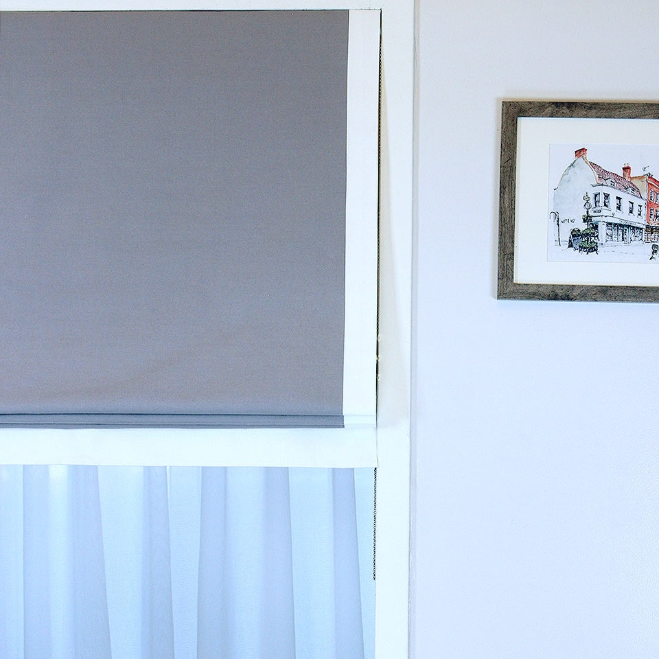 Grey 100% Natural Linen Flat Roman Shades with Banded White Decorative Trims/CL1010 - Classic & Modern Home