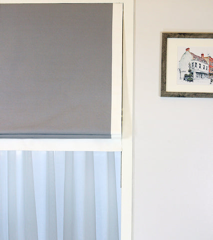 Gray 100% Natural Linen Flat Roman Shades with Banded White Decorative Trims/CL1010