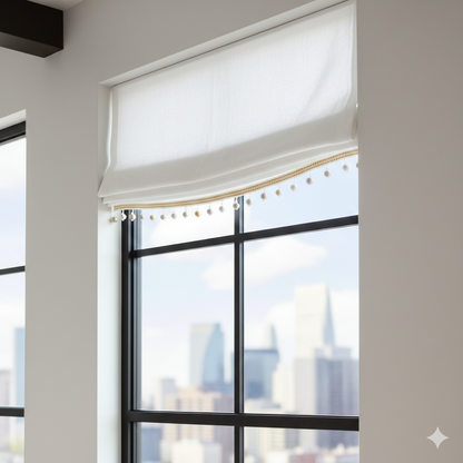 Window with white blind and cityscape view