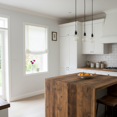 Modern kitchen with a white linen relaxed roman shade, wooden island and white cabinets.