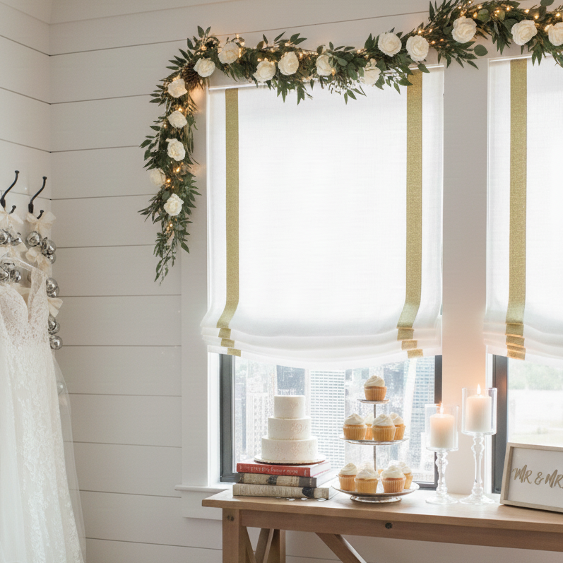 Decorative window shade with floral garland, wedding cake, and cupcakes in a room with a wedding dress.