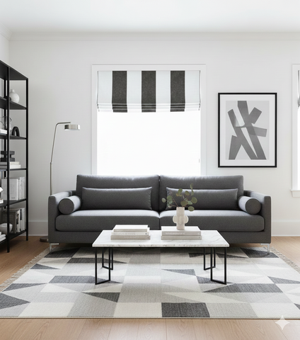 Modern living room with a striped flat roman shade, a gray sofa, coffee table, and abstract art on the wall.