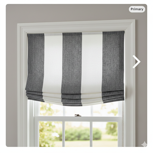 Window with gray and white striped roman blind